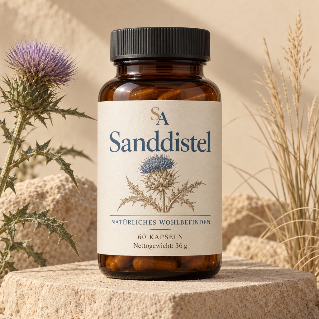Sanddistel in einer Produktaufnahme mit lesbarem Etikett